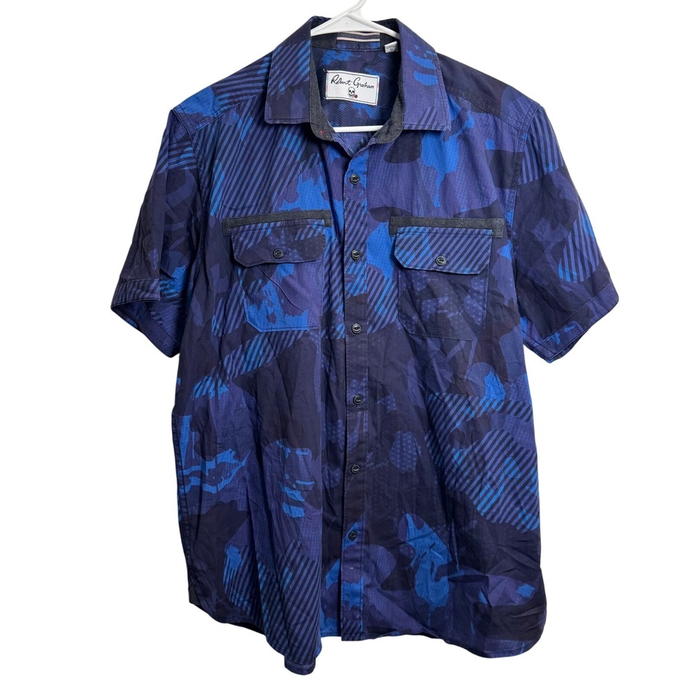 Robert Graham Mens Large Blue/Purple Camo Short Sleeve Button Down Shirt